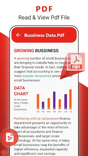 PDF reader app displaying text content and bar chart data from business document file