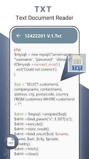 Text document viewer app showing PHP SQL code with syntax highlighting display