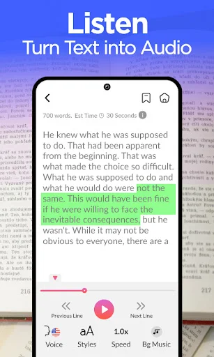 Aloud Reader text-to-speech interface with highlighted passage, playback controls, line navigation, voice, speed, and style options
