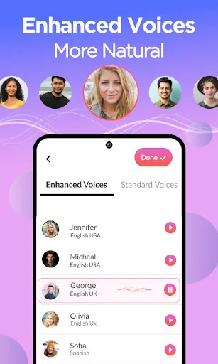 Enhanced voice selection screen with natural-sounding voice options, speaker profiles, and audio preview buttons
