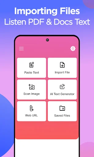 Aloud Reader menu offering six options: Paste Text, Import File, Scan Image, AI Generator, Web URL, and Saved Files