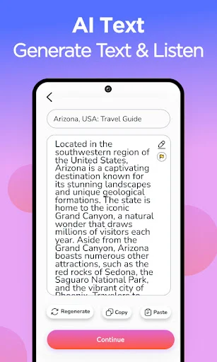 AI text generator creating travel content with regenerate, copy, and continue-to-listen options available