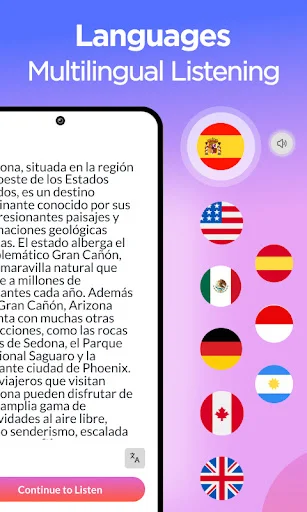 Language selection interface supporting Spanish, English, German, French, Canadian, and UK English for multilingual listening