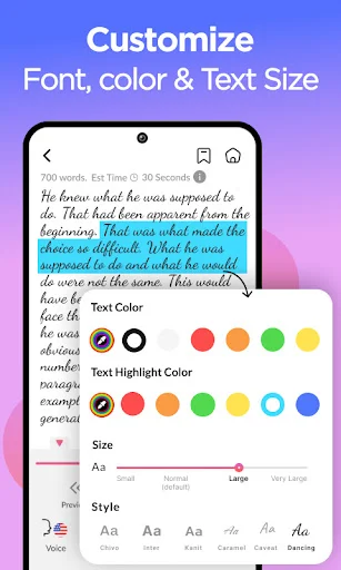 Text customization panel with color and highlight palettes, size options from small to very large, and multiple font styles