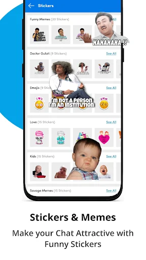 Stickers and Memes library with multiple categories including Funny Memes, Emojis, and Love stickers for chat