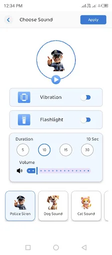 Sound selection with vibration and flashlight toggles, duration options and volume slider for anti-theft motion alarm setup