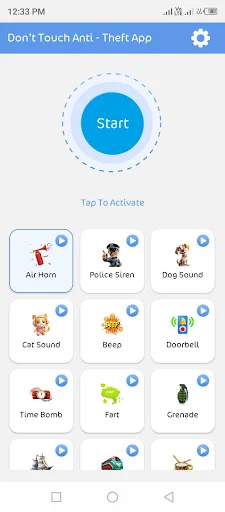Blue Start button activates anti-theft motion alarm with grid of selectable sound options for security alert protection