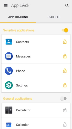 App Lock main screen showing sensitive apps list including Contacts, Messages, Phone, and Settings with lock icons