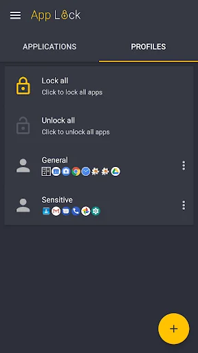 App Lock profiles screen in dark mode displaying General and Sensitive groups with multiple locked app icons