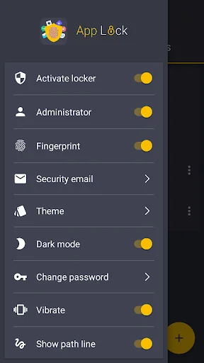 App Lock dark mode settings menu showing activate locker, administrator, fingerprint, dark mode, and vibrate toggles