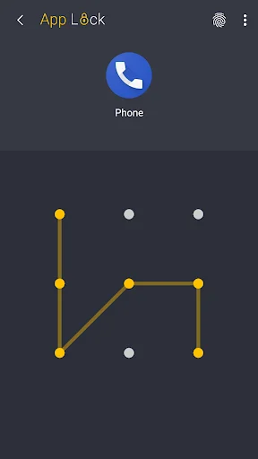 App Lock Phone pattern screen dark theme showing yellow connected dots forming security pattern