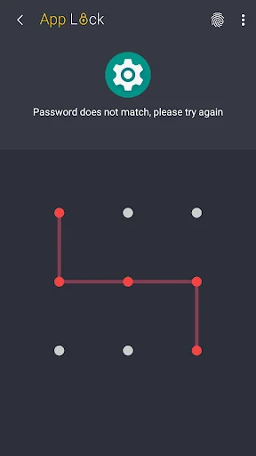 App Lock Settings incorrect pattern error in dark mode with red pattern and error message displayed