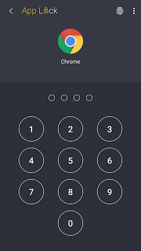 App Lock Chrome PIN entry dark mode with numeric keypad and 4-dot password indicator