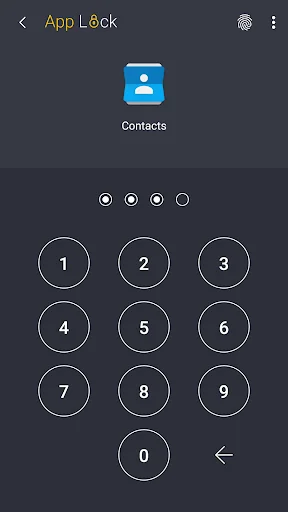 App Lock Contacts PIN unlock dark theme showing numeric keypad with 4-digit entry circles