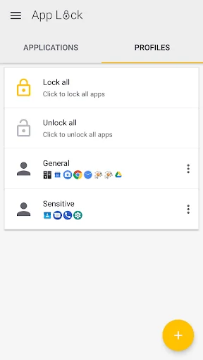 App Lock profiles tab displaying lock all apps, unlock all apps, General and Sensitive profile groups with app icons