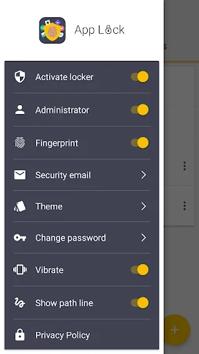 App Lock settings menu with options for activate locker, administrator, fingerprint, security email, and theme