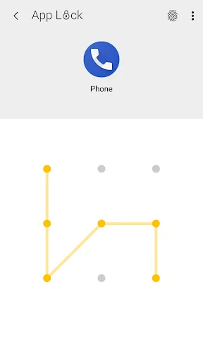 App Lock pattern entry screen for Phone app showing yellow connected dots forming unlock pattern