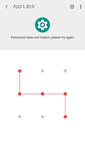 App Lock Settings pattern screen showing incorrect password error message with red pattern drawn