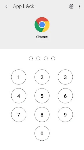 App Lock PIN code entry screen for Chrome browser with numeric keypad 0-9 and 4-digit indicator dots