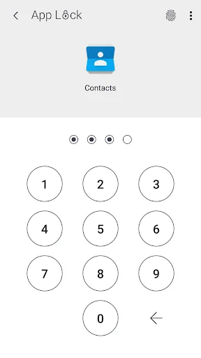 App Lock PIN unlock screen for Contacts app with numeric keypad and 4-digit password entry indicator
