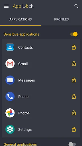 App Lock dark theme showing sensitive applications including Contacts, Gmail, Messages, Phone, Photos, Settings locked
