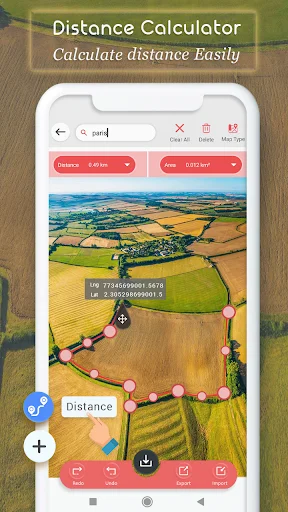 Distance Calculator with aerial satellite map view, GPS markers, and distance measurement lines