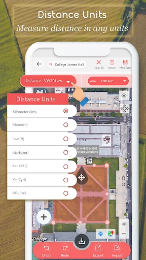 Distance Units conversion menu showing kilometer, meter, feet, yard options for land measurements