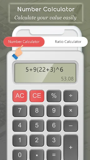 Scientific Number Calculator with keypad for solving mathematical equations and ratio calculations