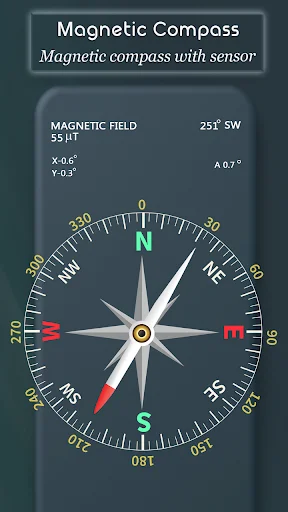 Magnetic Compass displaying directional bearings and magnetic field strength sensor readings