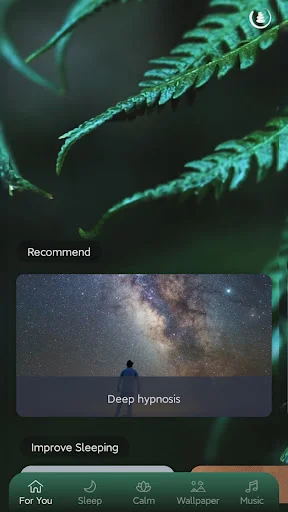 ASMR Relax Sleep Sounds app home screen showing Recommend section with Deep hypnosis option and fern background for relaxation