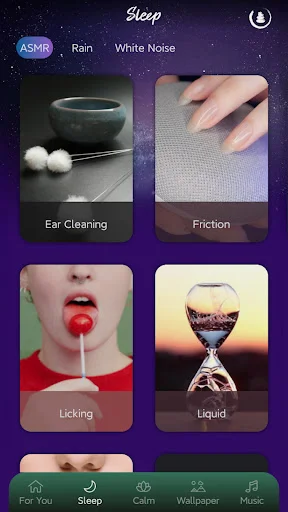 Sleep sounds category in ASMR app displaying ASMR, Rain, White Noise options with ear cleaning, friction, licking sound tiles