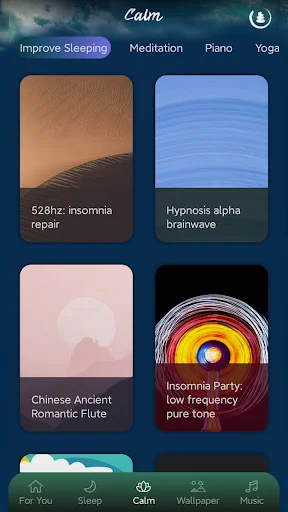 Calm meditation section showing sleep improvement options: 528hz insomnia repair, hypnosis brainwave, Chinese flute sounds