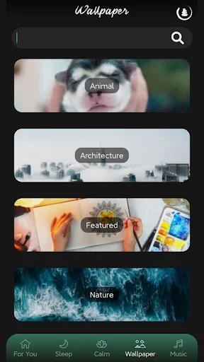 Wallpaper gallery in sleep sounds app featuring Animal, Architecture, Featured, and Nature background categories for relaxation
