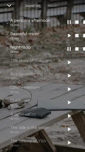 Sound playlist interface showing relaxing tracks like 'A person's afternoon', 'Beautiful minor', 'Night radio' with play controls