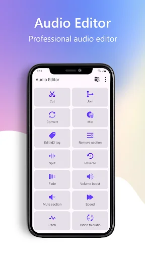 Audio Editor main menu showing 12 editing tools: Cut, Join, Convert, Mix, Edit ID3 tag, Remove section, Split, Reverse, Fade, Volume boost, Music section, Speed, Pitch, and Voice to audio features.