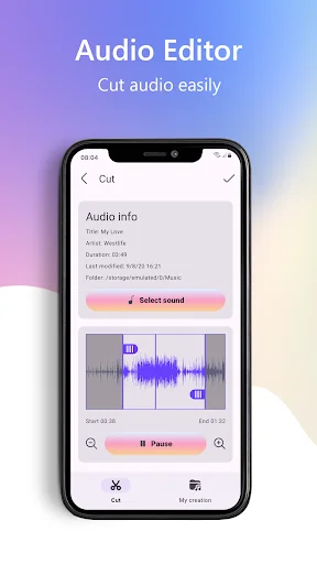 Audio Editor Cut tool interface displaying audio waveform visualization with playback controls, pause button, and Select sound option for trimming audio clips.