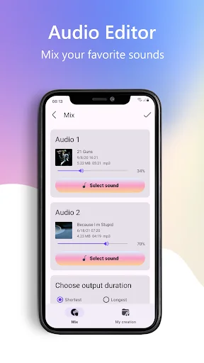 Audio Editor Mix feature showing two audio tracks with independent Select sound buttons, duration indicators, and output duration options for combining multiple audio files.