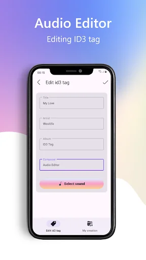 Audio Editor ID3 tag editing interface with text fields for Title, Artist, Album, and Composer metadata, plus Select sound button for editing audio file information.