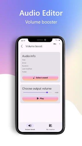 Audio Editor Volume booster tool with audio information display, Select sound button, adjustable volume slider control, and Play button for previewing volume adjustments.