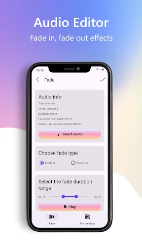 Audio Editor Fade effects interface with Fade in and Fade out radio options, adjustable fade duration slider ranging from 00.14 to 20.00 seconds, and Play preview button.
