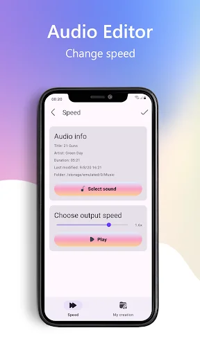 Audio Editor Speed adjustment tool showing audio file details, Select sound button, speed slider control for adjusting playback speed, and Play button for testing changes.