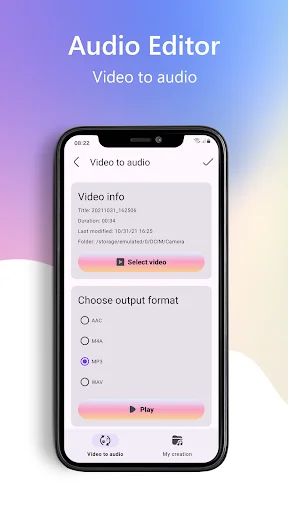 Audio Editor Video to audio conversion interface with video file information, Select video button, audio format selection options including MP3, WAV, AAC, and M4A, plus Play button.