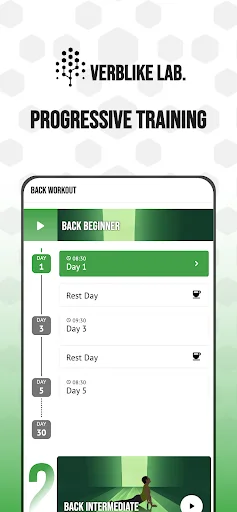 Progressive training interface showing back beginner workout schedule with Day 1, 3, and 5 sessions and rest days