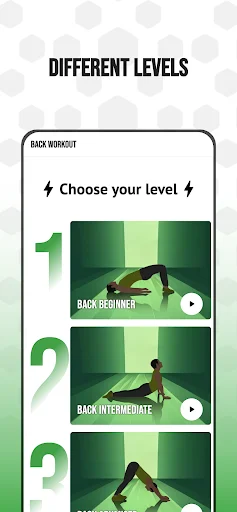 Workout level selection screen displaying back beginner, intermediate, and advanced difficulty tiers with exercise images