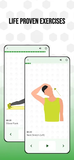 Exercise demonstration screens showing elbow plank and neck stretch with timed durations and navigation controls