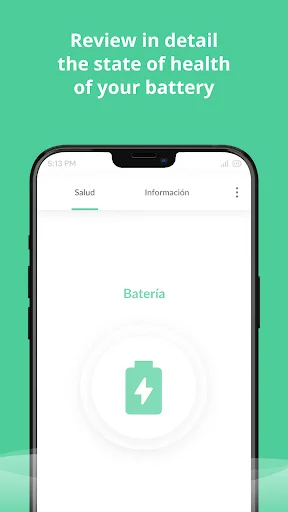 Battery Health & Life Checker main screen displaying battery health status with green battery icon and detailed health information