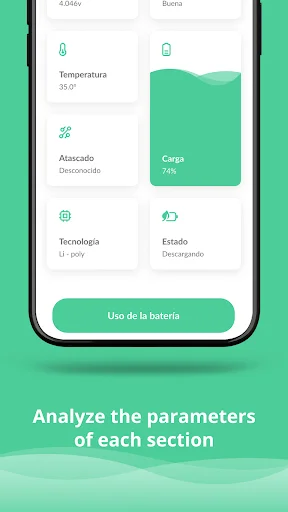 Battery parameters dashboard with temperature 35°, charge level 74%, and detailed metrics analysis for battery monitoring