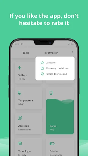 Battery Health app menu showing rating option and links to terms, conditions, and privacy policy settings
