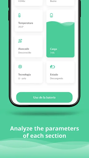 Battery analysis screen showing detailed parameters including temperature, charge level, battery technology, and discharge state