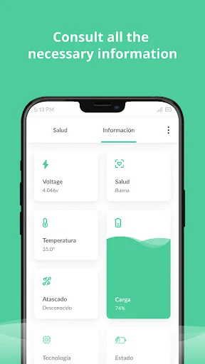 Battery information consultation interface with health status tabs displaying voltage, temperature, capacity, and technology details